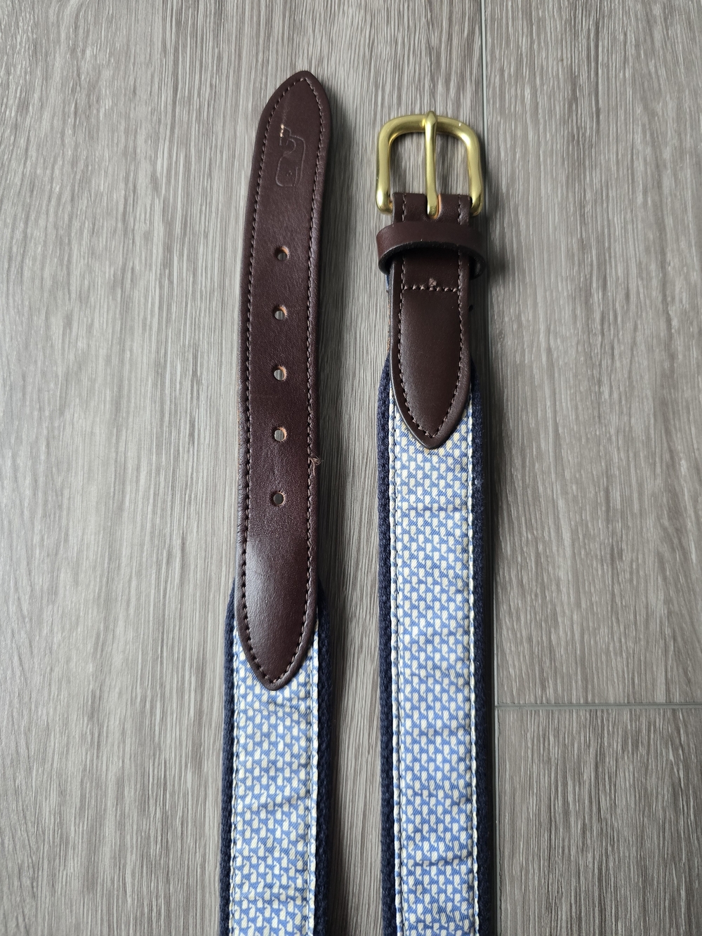 Vineyard Vines Whale Print Club Belt Navy Canvas Leather Brass Sz 28 Made USA